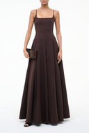 Earth brown spaghetti-strap maxi dress with fitted bodice and flared skirt