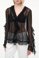 KELLCY black sheer top with ruffle trim and V-neck front