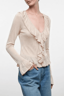 Champagne long-sleeve blouse top with V-neck and layered ruffles
