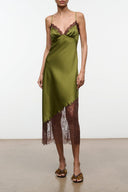 Olive silk slip dress with lace trim at neckline and hem, spaghetti straps