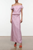 Dusty pink off-shoulder maxi dress with gathered waist and draped neckline