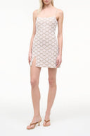 LAS PALMAS pearl mini dress with spaghetti straps and allover scalloped pattern