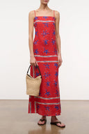 Red linen maxi dress with blue painted foulard print, spaghetti straps, square neckline