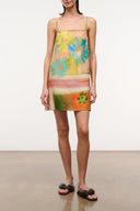 Floral linen mini dress, multicolor abstract print with thin spaghetti straps