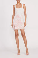 Ivory cherry blossom toile slip dress, square neckline, sleeveless with fringe hem