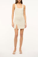 Le Sable ivory sleeveless shift dress with square neckline and front slit