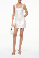 Pearl sequin fringe mini dress with square neckline and spaghetti straps