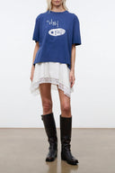 Relaxed blue tee with 'WHY NOT' star graphic