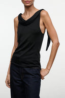 Black sleeveless cowl-neck top, draped neckline and fitted silhouette