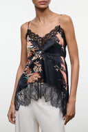 Black silk camisole top with floral print and lace trim