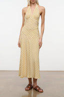 Sleeveless silk midi dress with halter V-neck and diagonal stripe pattern