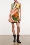 Multicolor halter mini dress with watercolor print and black lace trim