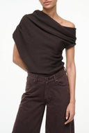 Dark brown draped cowl-neck sweater with short sleeves
