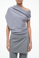 Heather grey draped off-shoulder sweater with short sleeves and soft knit texture