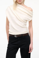 Ivory draped one-shoulder sweater with cowl neckline