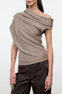 Light brown draped cowl-neck sweater with short sleeves, off-shoulder style