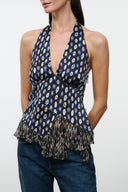 MAEVA silk halter top with navy multicolor abstract print and fringe hem