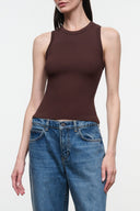 Ribbed sleeveless tank top, dark brown, crew neckline