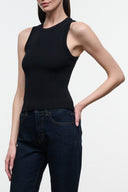 MALIA ribbed black sleeveless tank top with crew neckline
