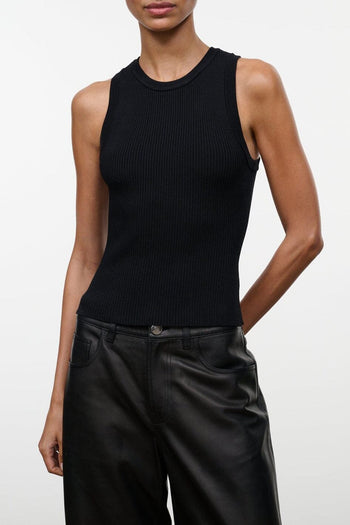 Black ribbed tank top with crew neck and sleeveless cut