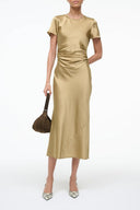 Antique gold silk midi dress with short sleeves and ruched waist