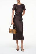MARCEL silk midi dress in dark brown, short sleeves, crew neck, fitted waist