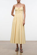 MARGI dress in butter yellow, spaghetti straps with ruched bodice and midi skirt