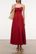 MARGI rouge midi dress with spaghetti straps and gathered bodice, tiered skirt