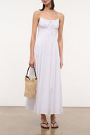 White sleeveless midi dress with gathered bust and thin straps