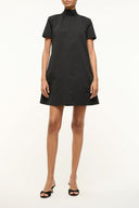 Black mini shift dress with short sleeves and high neck, straight hem
