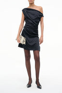 Black silk one-shoulder mini dress with draped neckline and ruched waist
