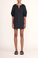 Black mini dress with V-neck button front and short puff sleeves