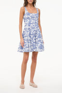 Blue toile print mini dress with square neckline and thin spaghetti straps