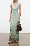 Sleeveless mint green maxi dress with V halter neckline and printed hem panel