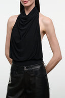 Black draped halter bodysuit with sleeveless design and high neckline