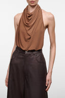 Brown halter bodysuit with draped cowl neckline, sleeveless