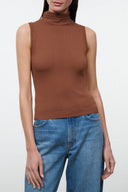 MONTCLAIR sleeveless knit top with mock neck, cigar brown