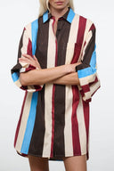 Nico dress with long sleeves, collared button front, vertical multi-color stripe