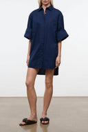 NICO navy button-front shirt dress with collar and three-quarter sleeves