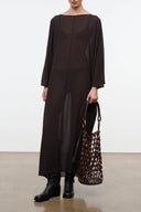 Dark brown long dress with draped square neckline and loose 3/4 sleeves