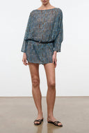 NOUR mini dress with blue striped long sleeves and gathered waist, elastic neckline