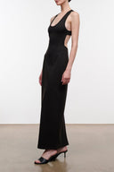 Sleeveless long maxi dress with scoop neckline and racerback, fitted waist, dark
