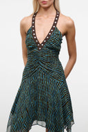 Teal striped halter dress with V neckline and studded trim