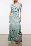Mint off-shoulder maxi dress with gathered waist and colorful illustrated hem print