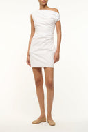 White one-shoulder mini dress with draped bodice