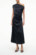 Black silk one-shoulder midi dress with draped waist and side ruching
