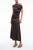 Brown silk midi dress with draped one-shoulder cowl neckline and side slit