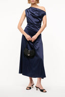 Navy silk one-shoulder draped midi dress with gathered waist