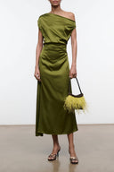 Olive silk dress with draped off-shoulder neckline and ruched waist