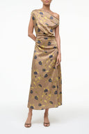 Vintage floral silk midi dress with draped off-shoulder neckline and waist ruching